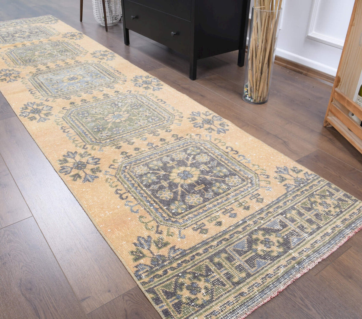 El yapımı vintage yolluk 81x345 cm çiçek desenli desenli yün - farklı açıdan görünüm