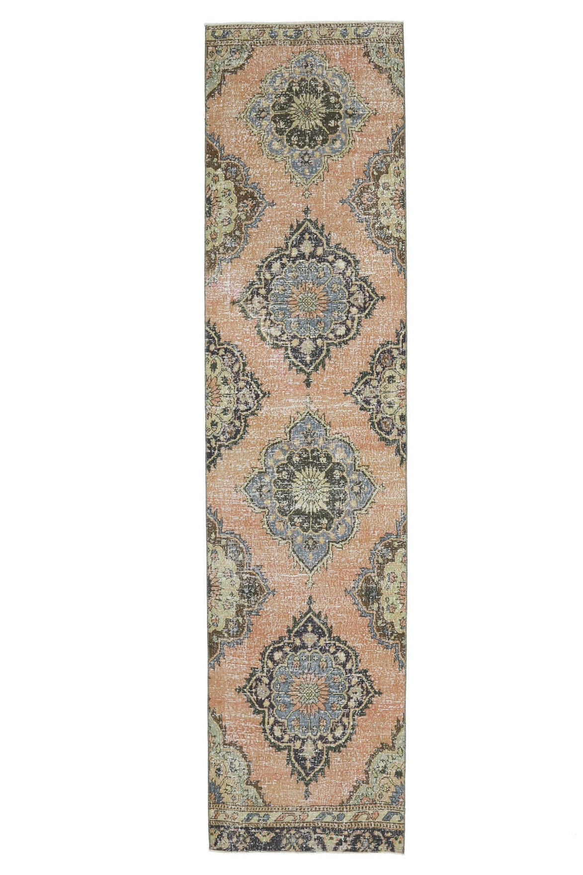 El yapımı vintage yolluk 81x345 cm oryantal desenli yün - ışık altında renk detayı