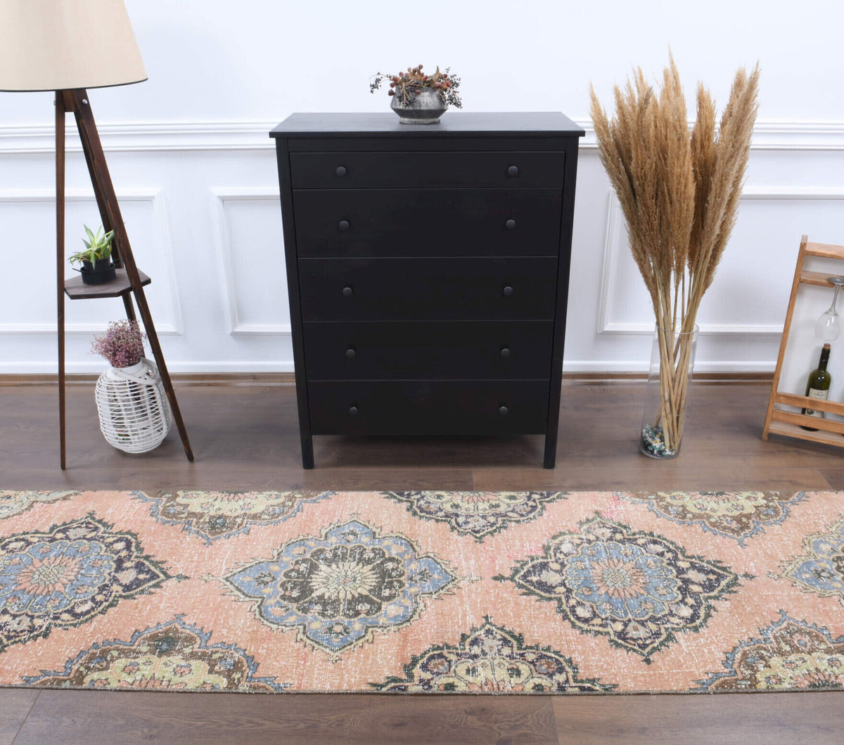 El yapımı vintage yolluk 81x345 cm oryantal desenli yün - detay görünümü