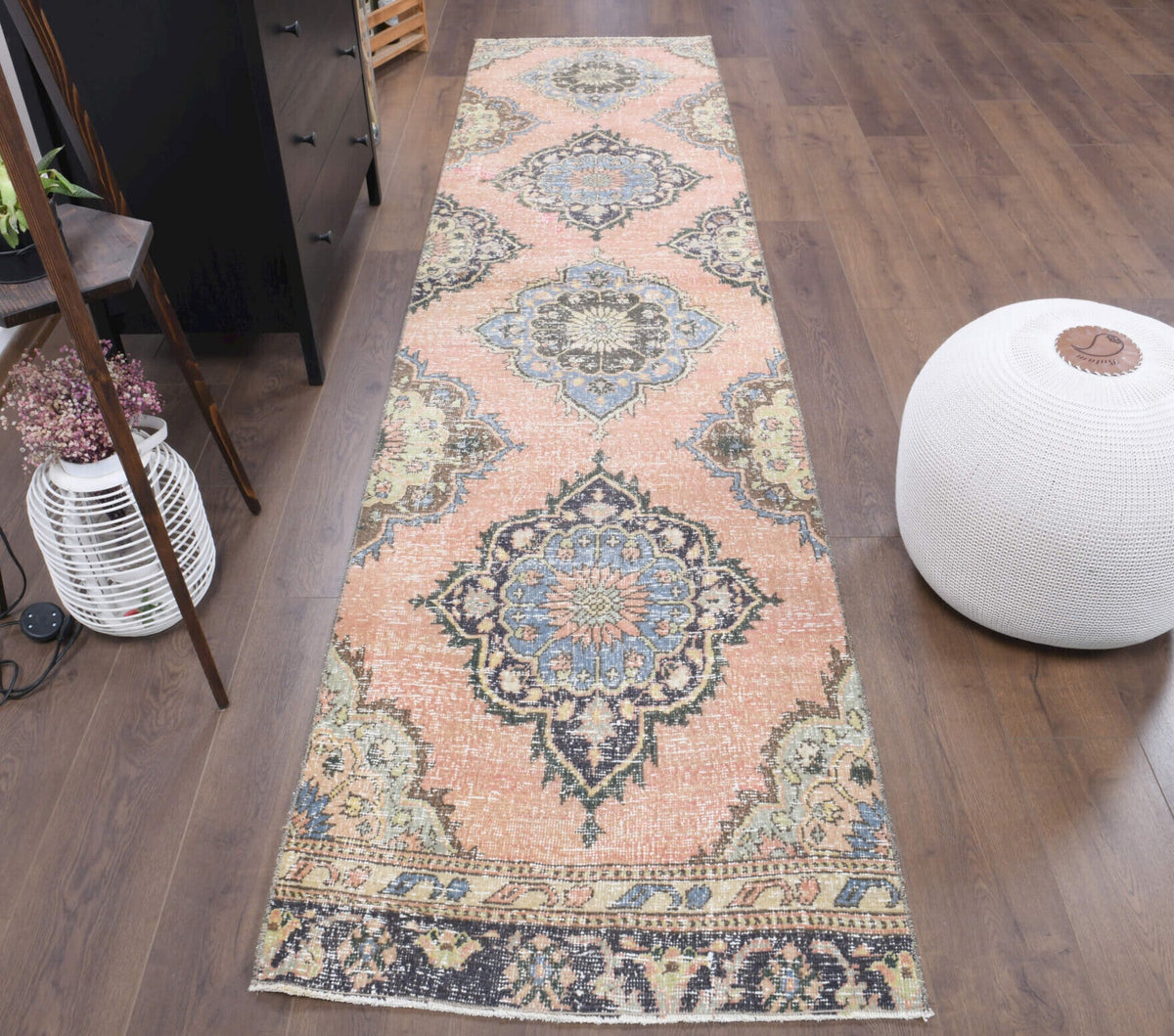 El yapımı vintage yolluk 81x345 cm oryantal desenli yün - yakın çekim doku detayı