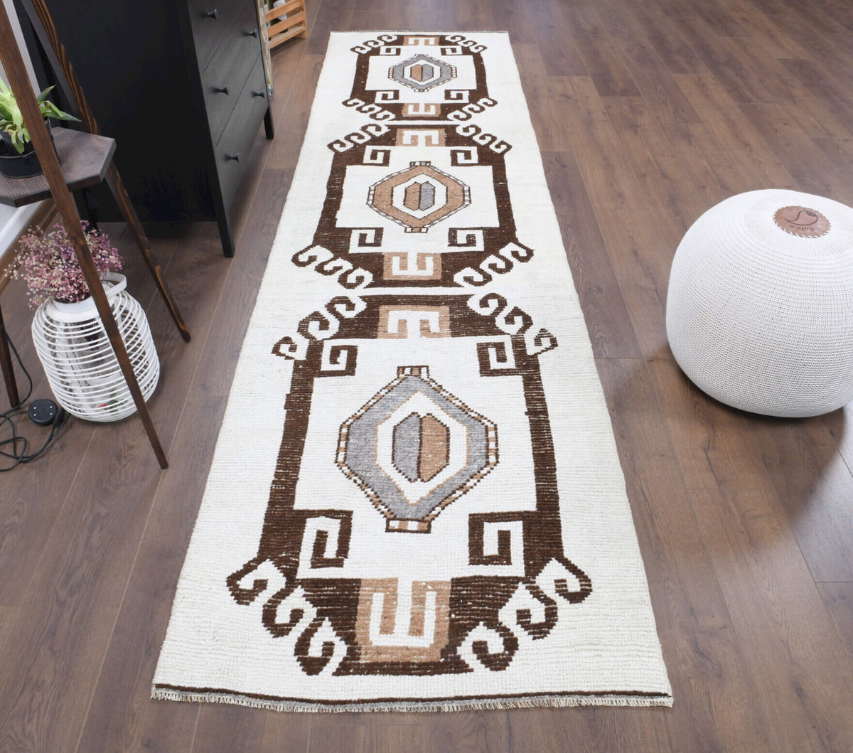 El yapımı vintage yolluk 91x351 cm tribal desenli yün - yakın çekim doku detayı