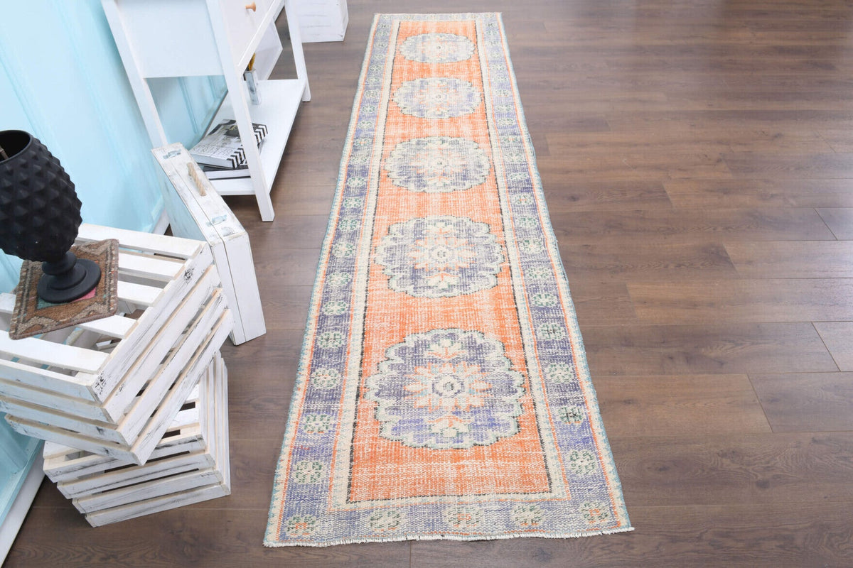 El yapımı vintage yolluk 86x330 cm oryantal desenli yün - yakın çekim doku detayı