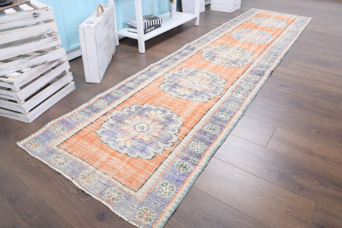 El yapımı vintage yolluk 86x330 cm oryantal desenli yün - kenar ve saçak detayı