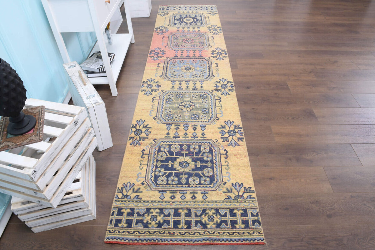 El yapımı vintage yolluk 81x330 cm çiçek desenli desenli yün - yakın çekim doku detayı