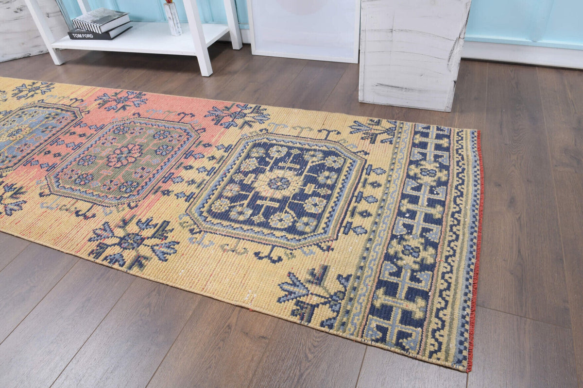 El yapımı vintage yolluk 81x330 cm çiçek desenli desenli yün - üstten görünüm