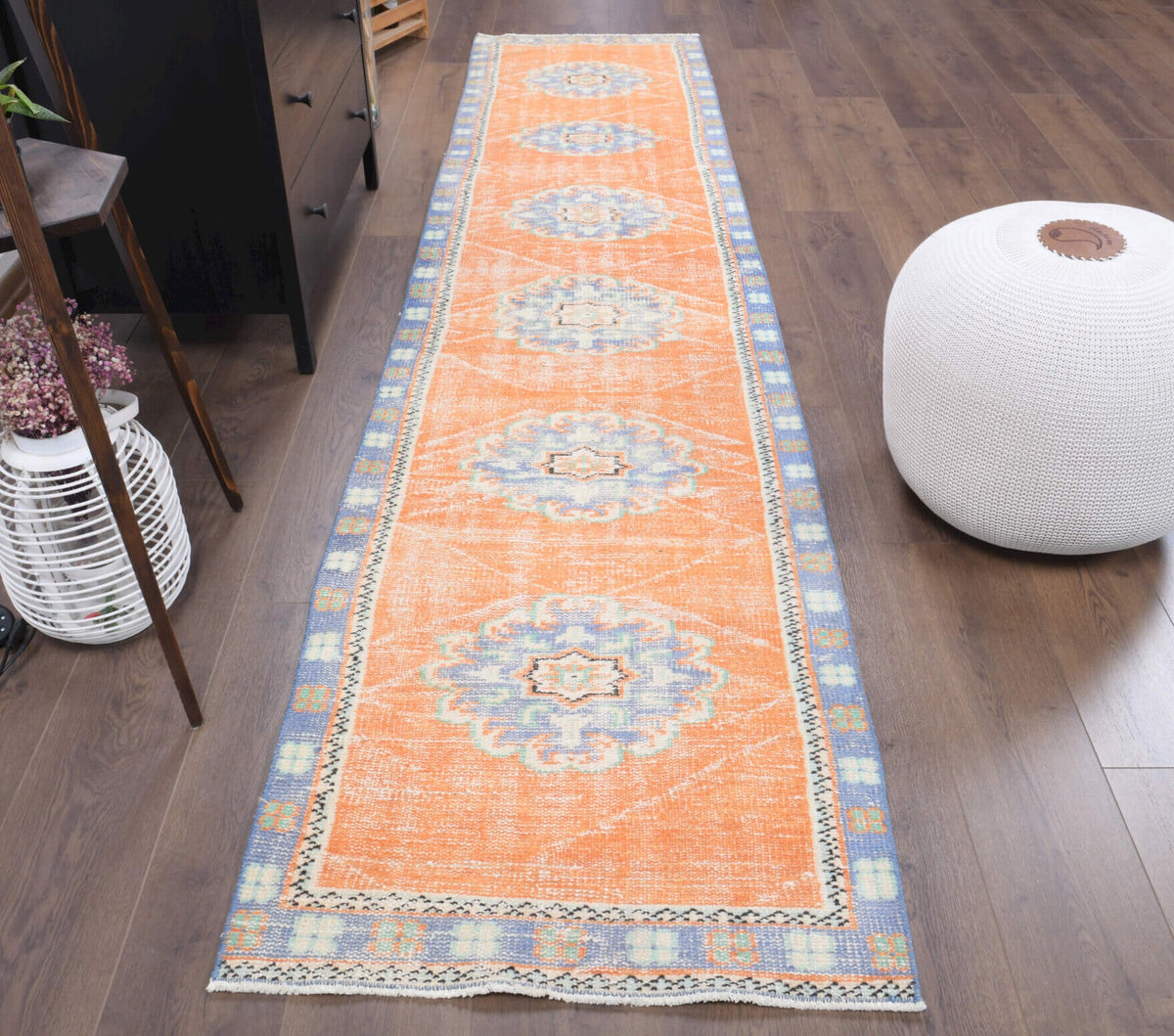El yapımı vintage yolluk 76x325 cm oryantal desenli yün - yakın çekim doku detayı