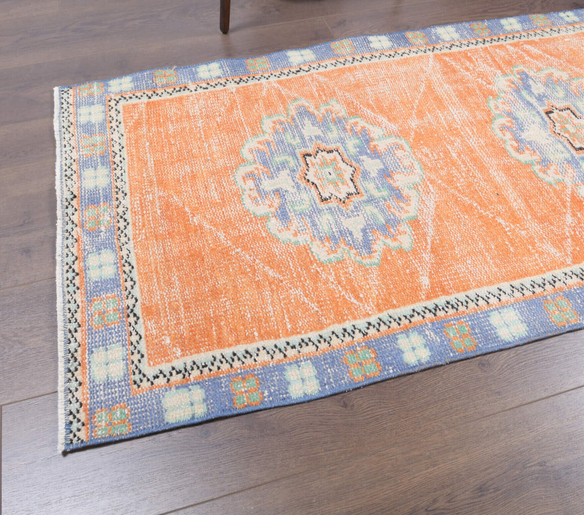 El yapımı vintage yolluk 76x325 cm oryantal desenli yün - kenar ve saçak detayı