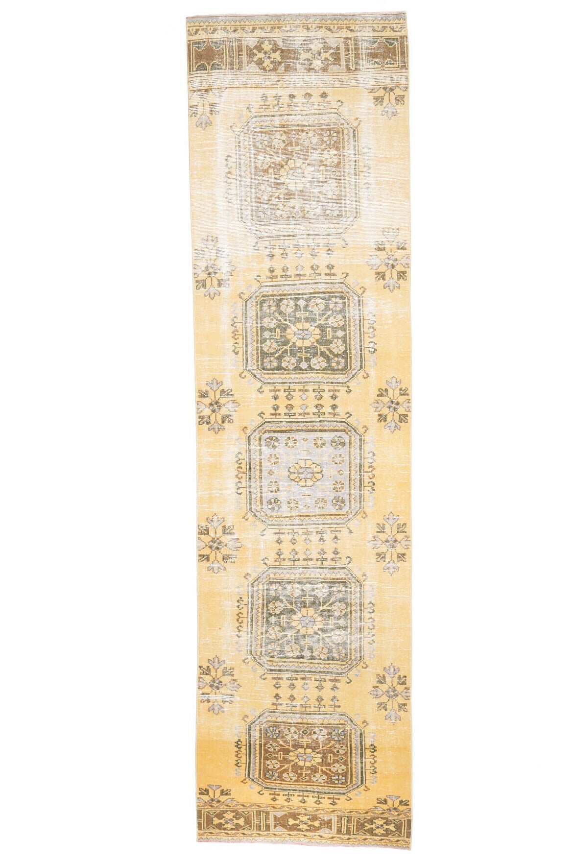 El yapımı vintage yolluk 97x391 cm çiçek desenli desenli yün - ışık altında renk detayı