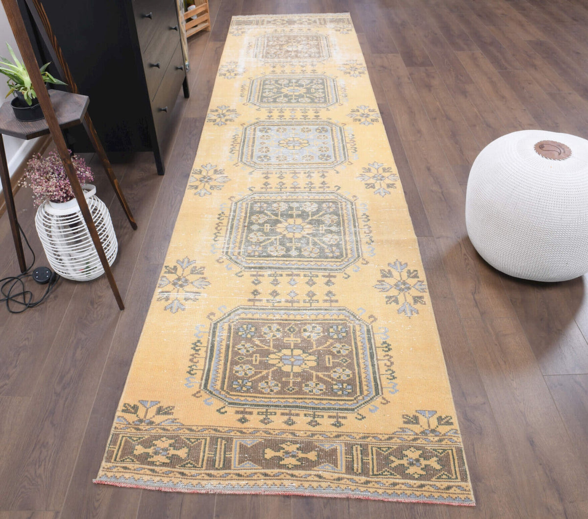 El yapımı vintage yolluk 97x391 cm çiçek desenli desenli yün - yakın çekim doku detayı