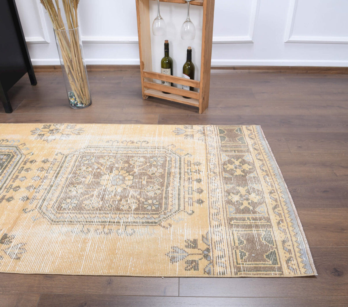 El yapımı vintage yolluk 97x391 cm çiçek desenli desenli yün - açık alan görünümü