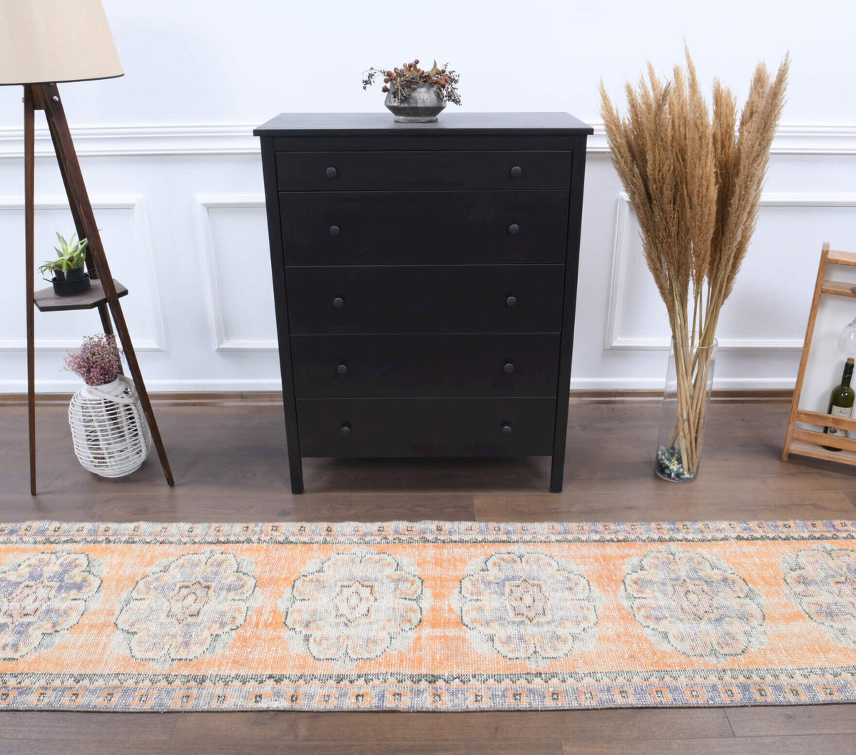 El yapımı vintage yolluk 74x279 cm oryantal desenli yün - detay görünümü