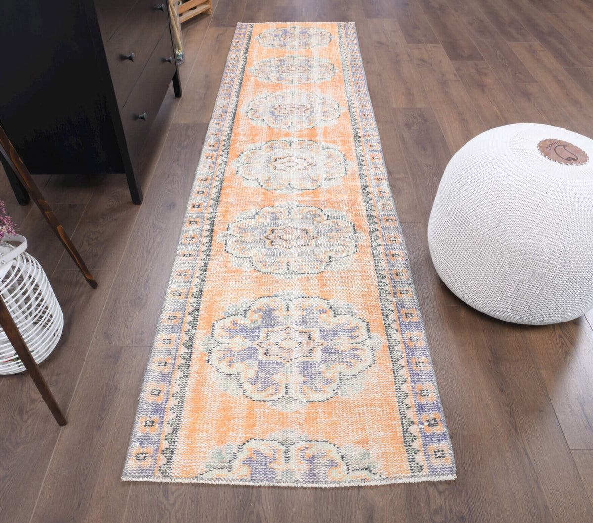 El yapımı vintage yolluk 74x279 cm oryantal desenli yün - yakın çekim doku detayı