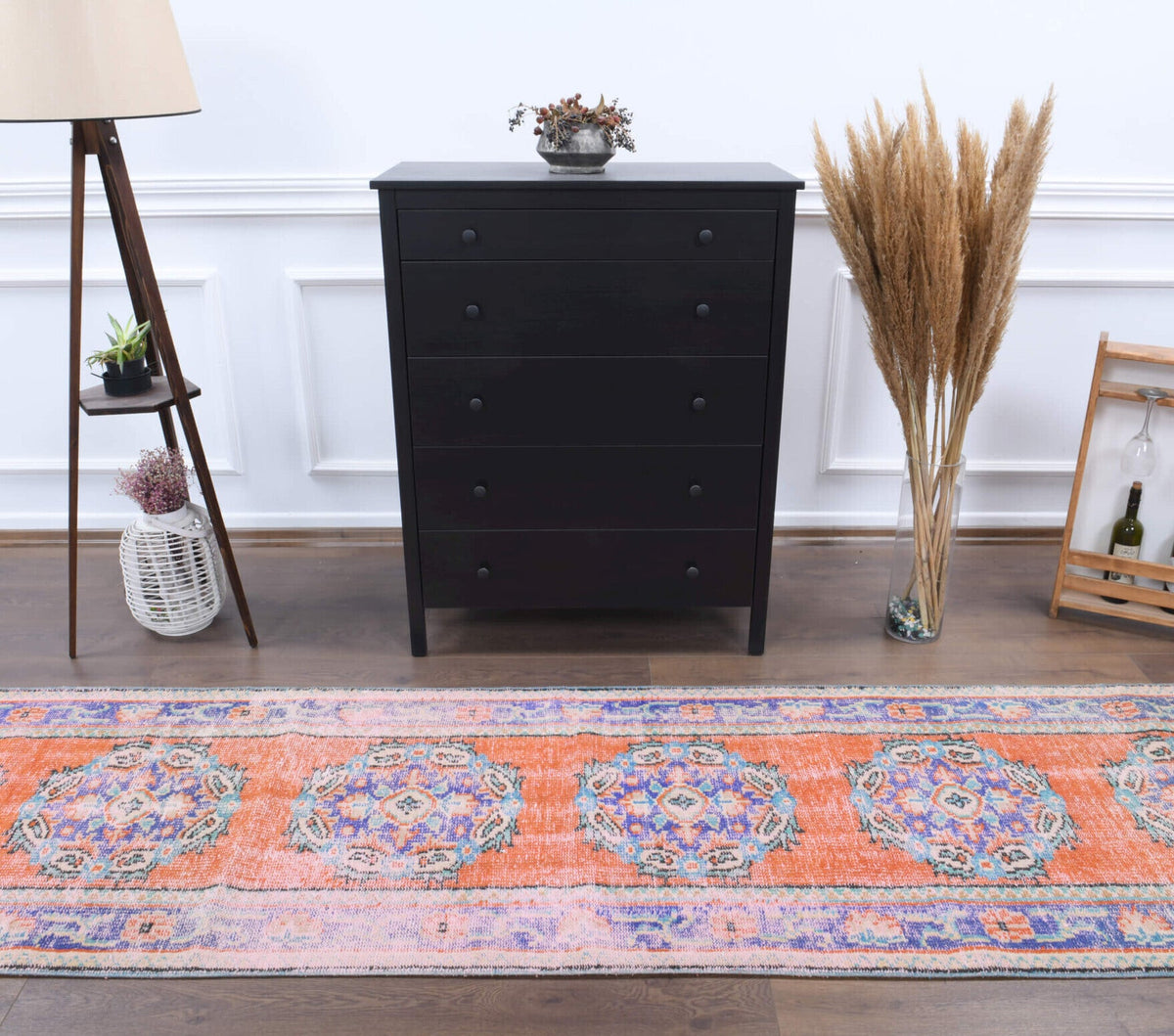 El yapımı vintage yolluk 91x353 cm oryantal desenli yün - detay görünümü