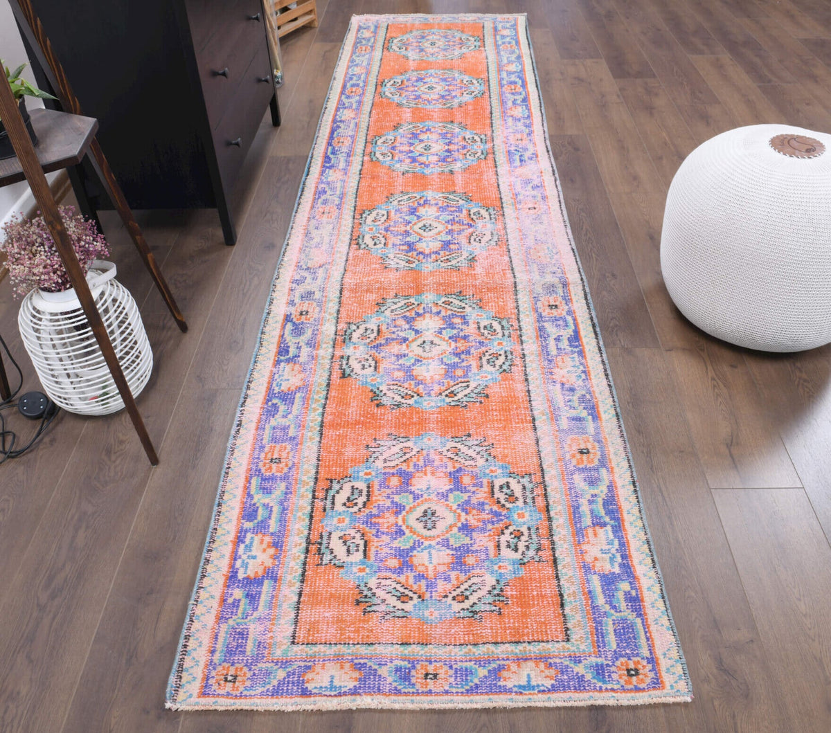 El yapımı vintage yolluk 91x353 cm oryantal desenli yün - yakın çekim doku detayı