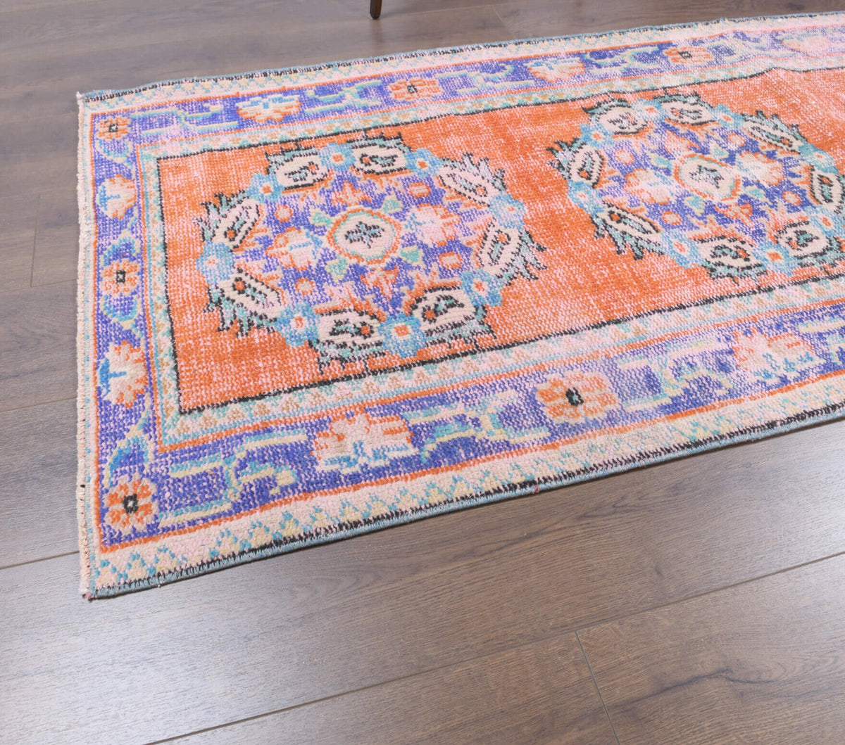 El yapımı vintage yolluk 91x353 cm oryantal desenli yün - kenar ve saçak detayı