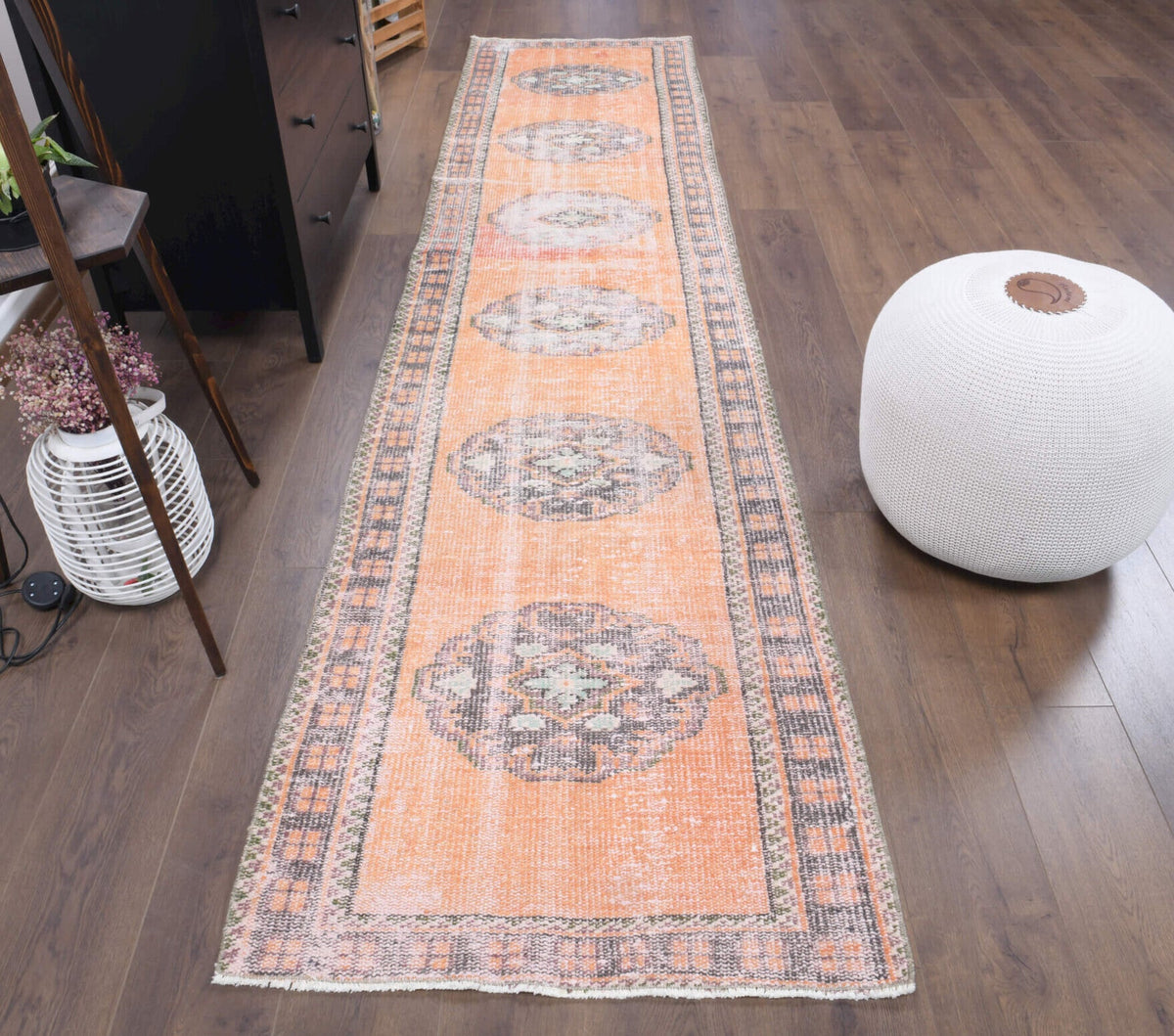 El yapımı vintage yolluk 86x340 cm oryantal desenli yün - yakın çekim doku detayı