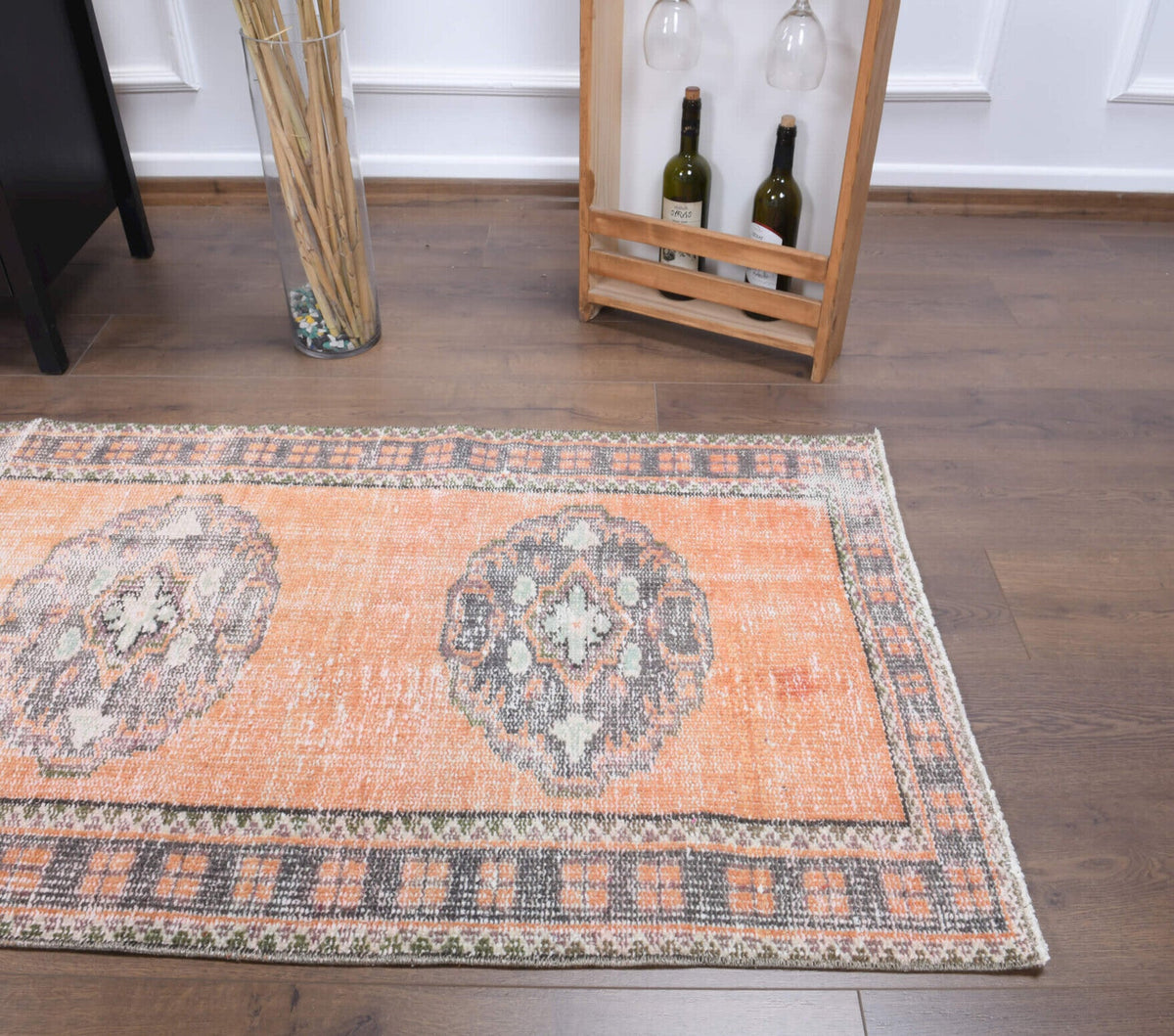 El yapımı vintage yolluk 86x340 cm oryantal desenli yün - kenar ve saçak detayı