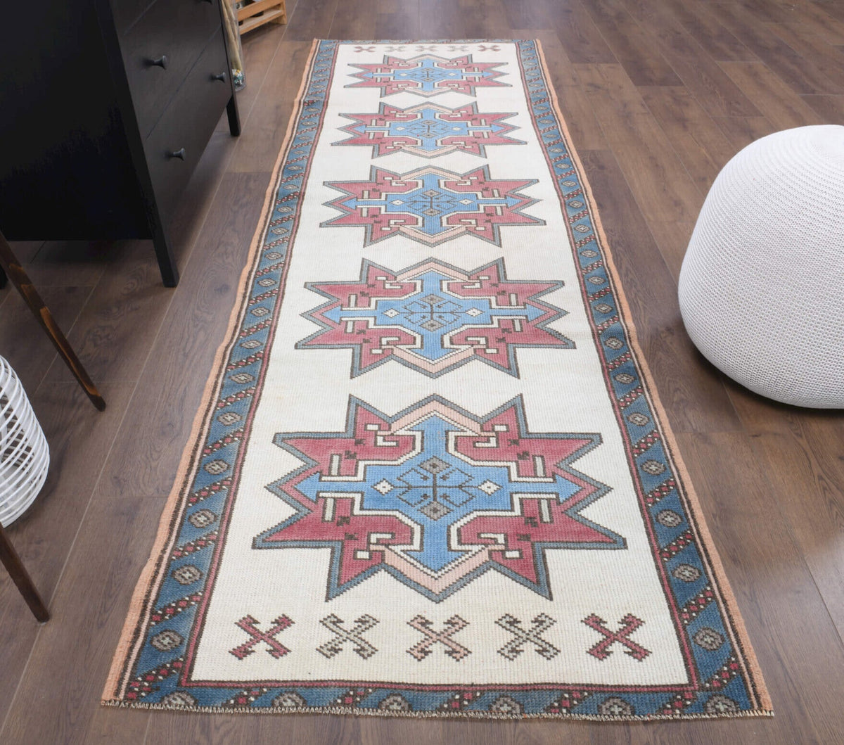 Boho Vintage Runner Rug With Pastel Tones