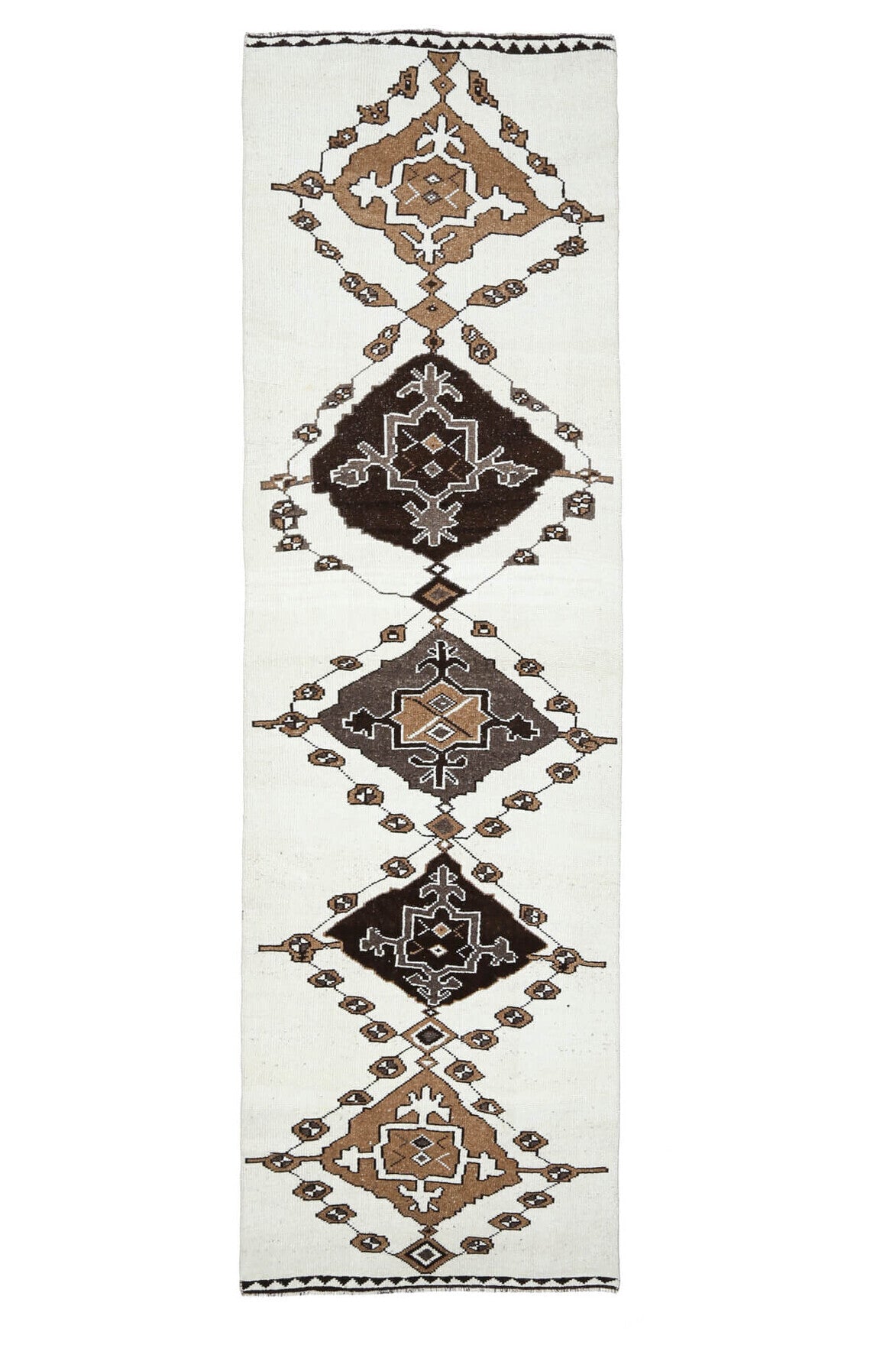 El yapımı vintage yolluk 102x345 cm geometrik desenli yün - üstten görünüm