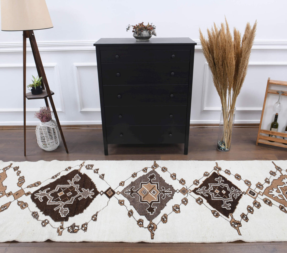 El yapımı vintage yolluk 102x345 cm geometrik desenli yün - detay görünümü