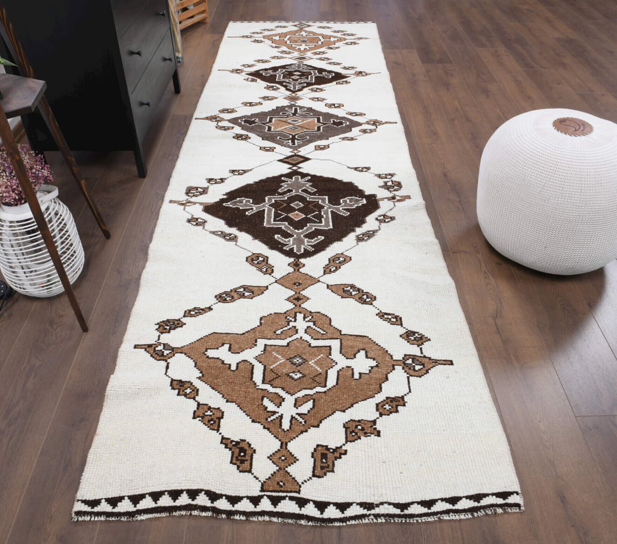 El yapımı vintage yolluk 102x345 cm geometrik desenli yün - yakın çekim doku detayı