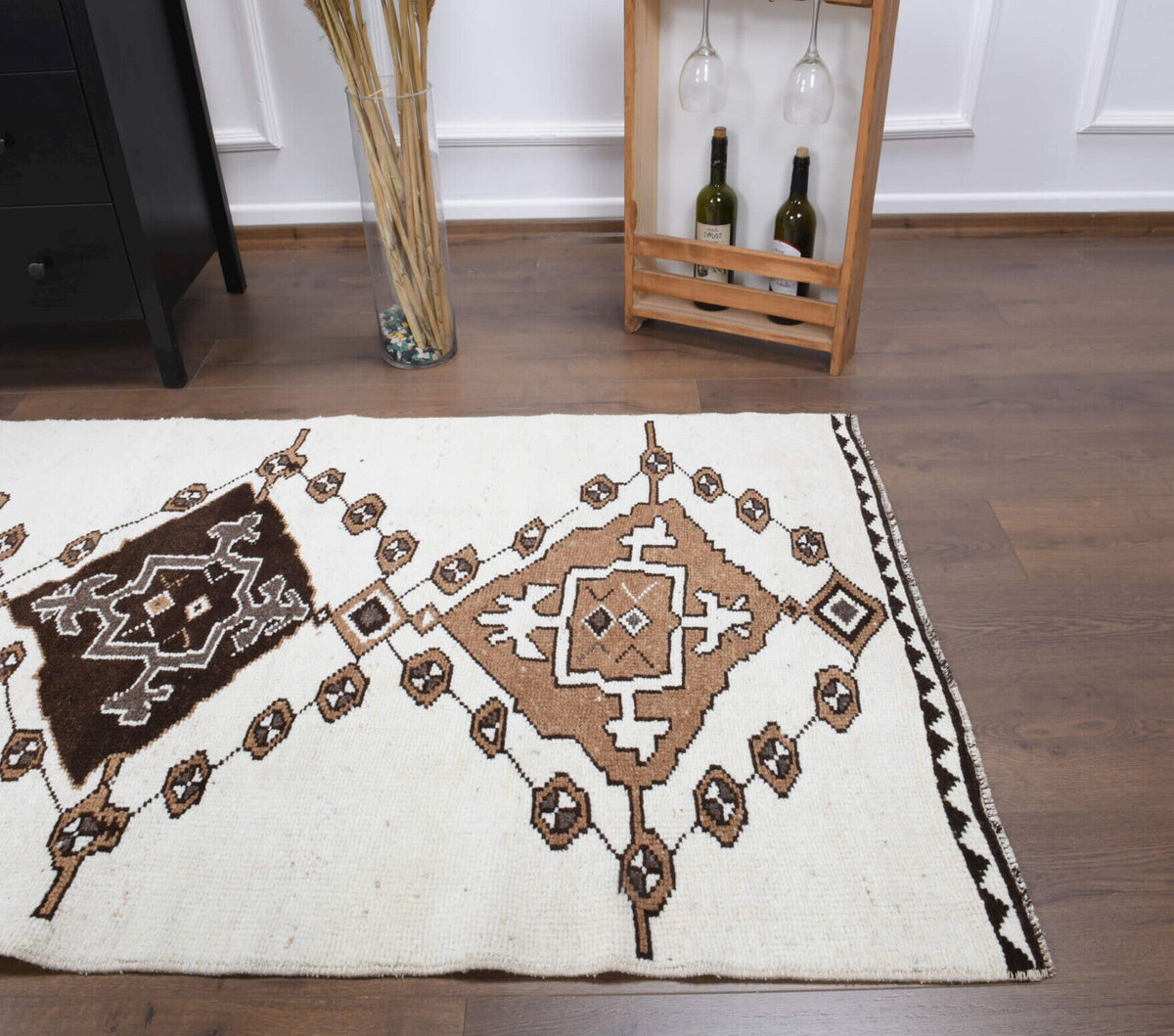 El yapımı vintage yolluk 102x345 cm geometrik desenli yün - desen detayı