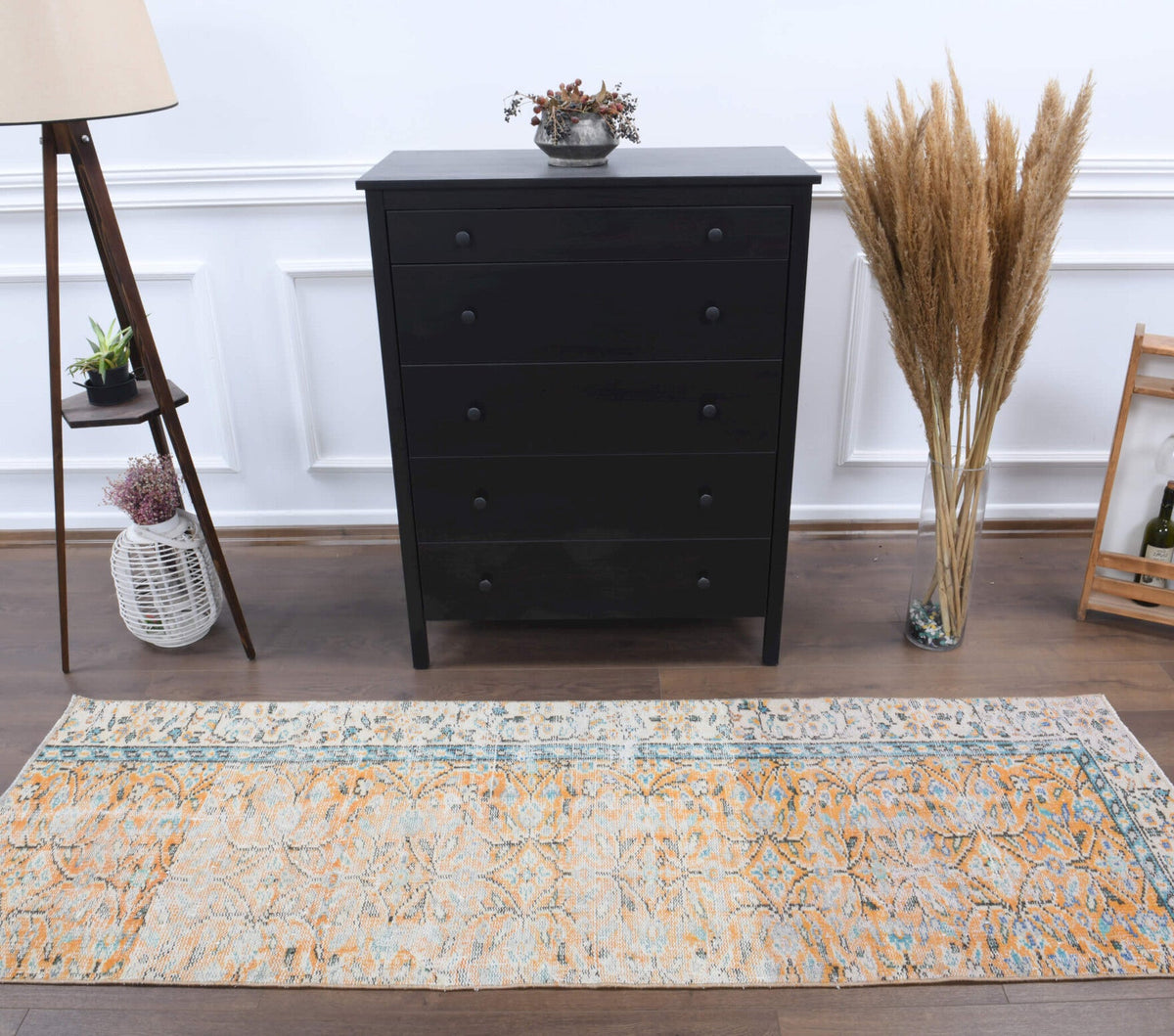 El yapımı vintage yolluk 79x234 cm çiçek desenli desenli yün - detay görünümü
