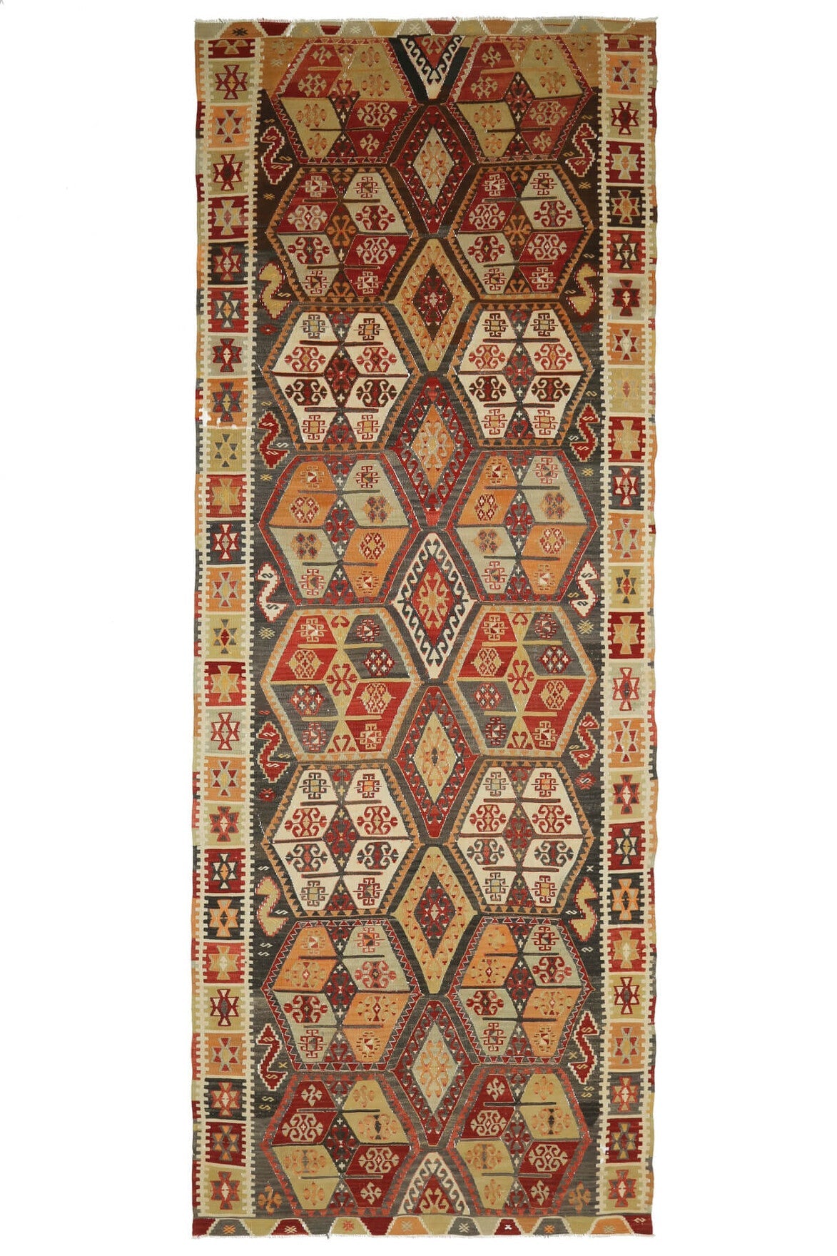 El yapımı vintage yolluk 157x427 cm kilim desenli yün - ışık altında renk detayı