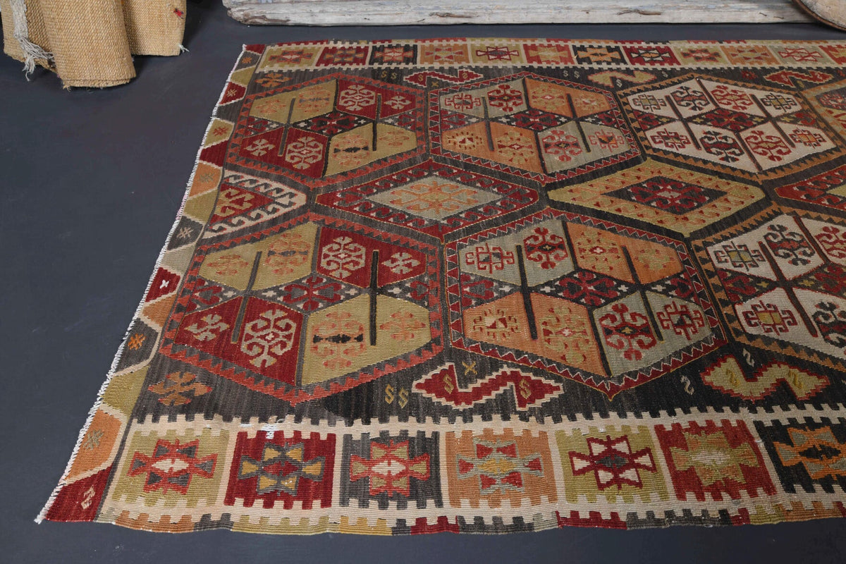 El yapımı vintage yolluk 157x427 cm kilim desenli yün - yakın çekim doku detayı