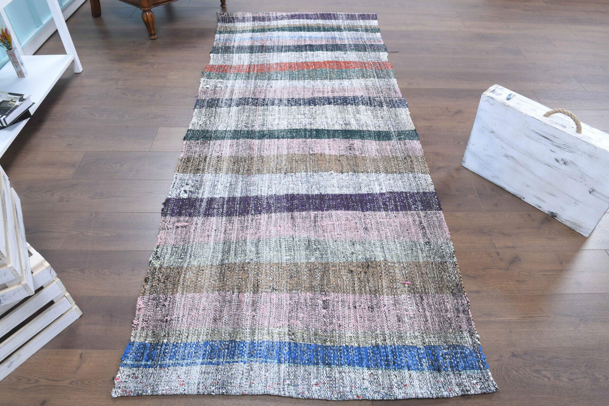 El yapımı vintage yolluk 109x272 cm çizgili desenli yün - yakın çekim doku detayı