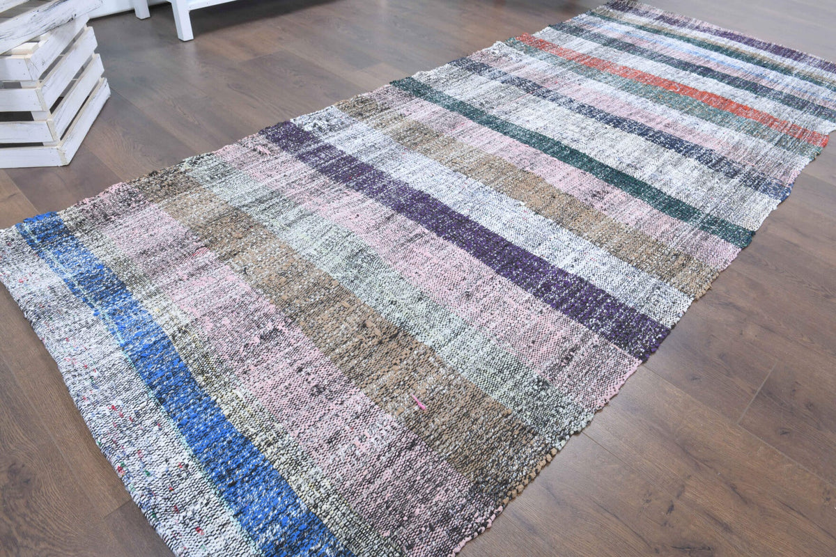 El yapımı vintage yolluk 109x272 cm çizgili desenli yün - kenar ve saçak detayı
