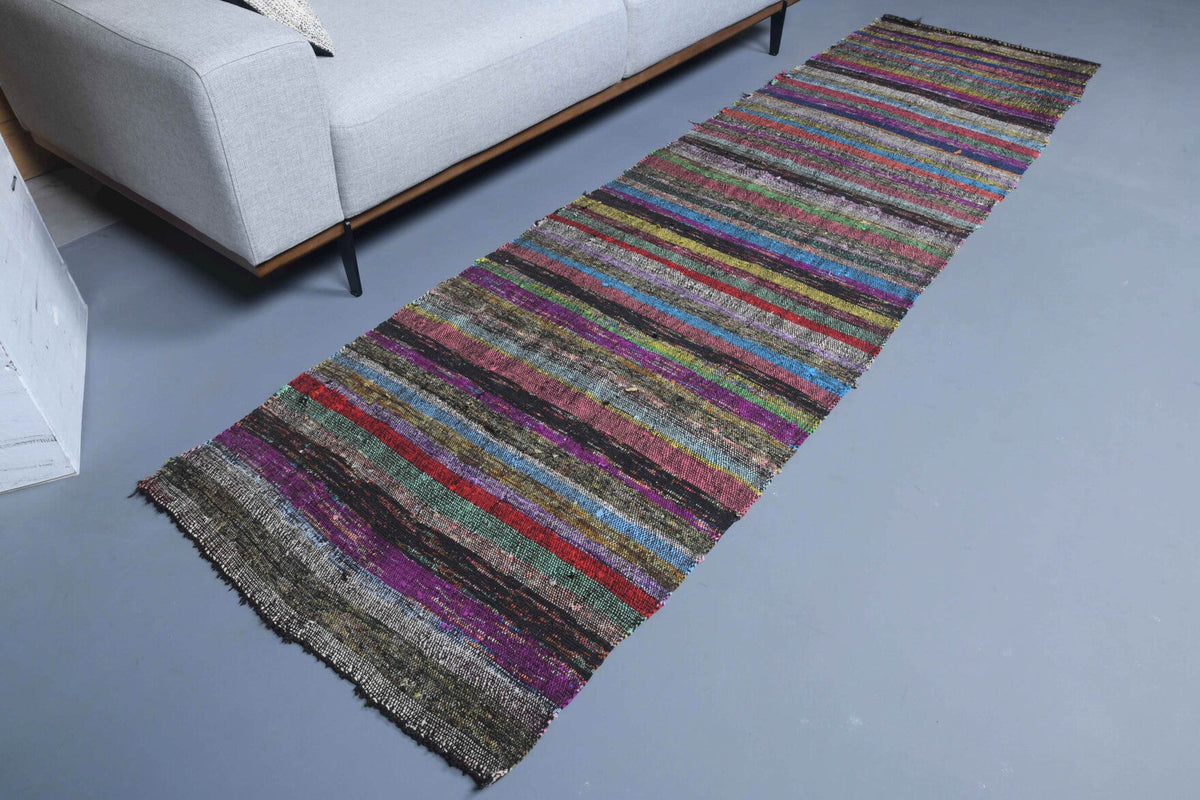 El yapımı vintage yolluk 81x300 cm çizgili desenli yün - yakın çekim doku detayı