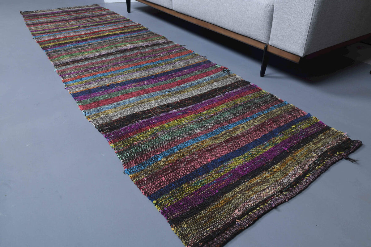 El yapımı vintage yolluk 81x300 cm çizgili desenli yün - kenar ve saçak detayı