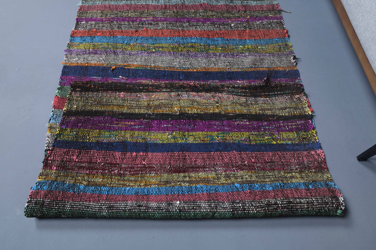 El yapımı vintage yolluk 81x300 cm çizgili desenli yün - üstten görünüm