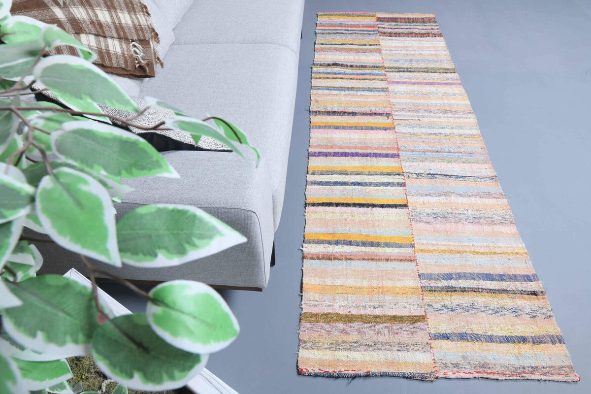 El yapımı vintage yolluk 86x259 cm çizgili desenli yün - detay görünümü