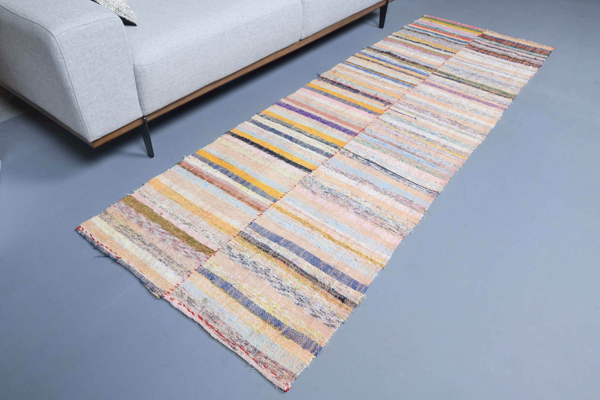 El yapımı vintage yolluk 86x259 cm çizgili desenli yün - yakın çekim doku detayı