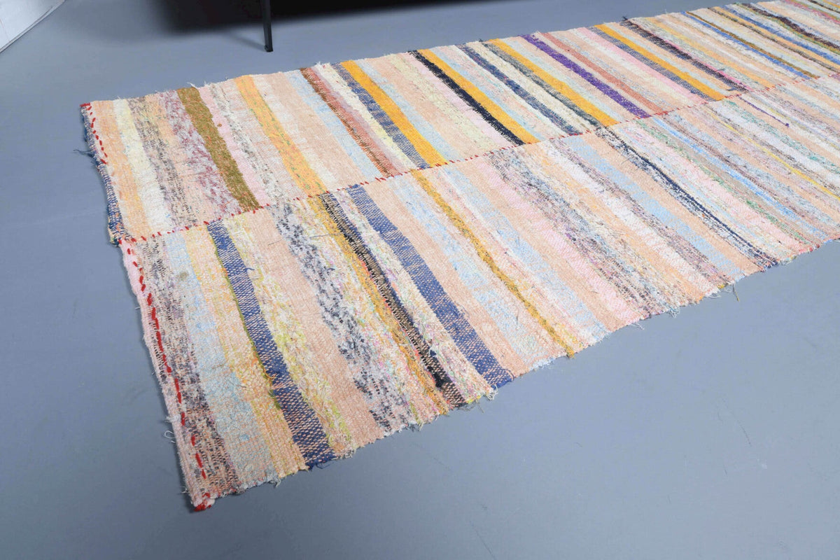 El yapımı vintage yolluk 86x259 cm çizgili desenli yün - kenar ve saçak detayı