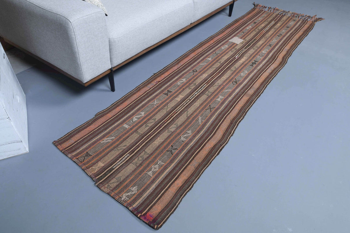El yapımı vintage yolluk 74x279 cm kilim desenli yün - yakın çekim doku detayı