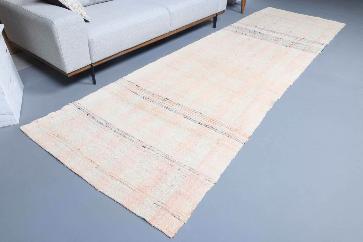 El yapımı vintage yolluk 119x381 cm kilim desenli yün - yakın çekim doku detayı