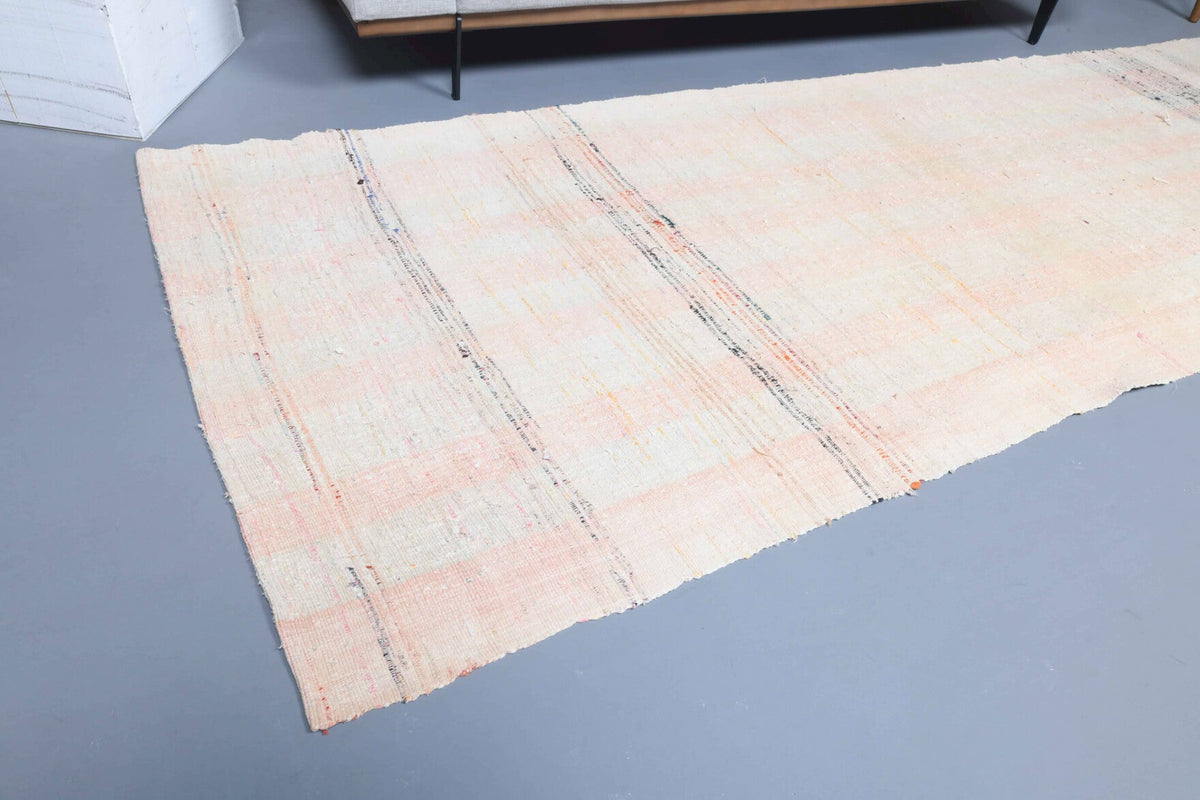 El yapımı vintage yolluk 119x381 cm kilim desenli yün - kenar ve saçak detayı