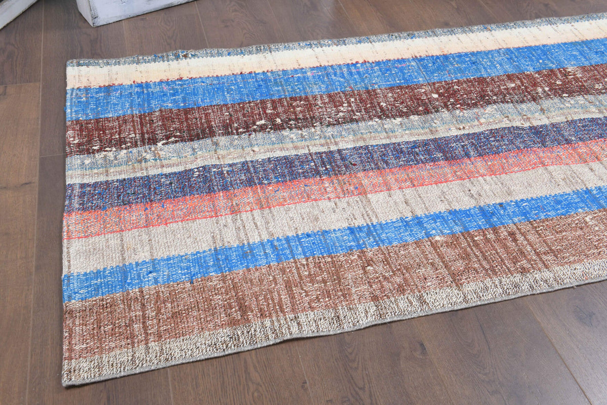 El yapımı vintage yolluk 89x239 cm çizgili desenli yün - yakın çekim doku detayı