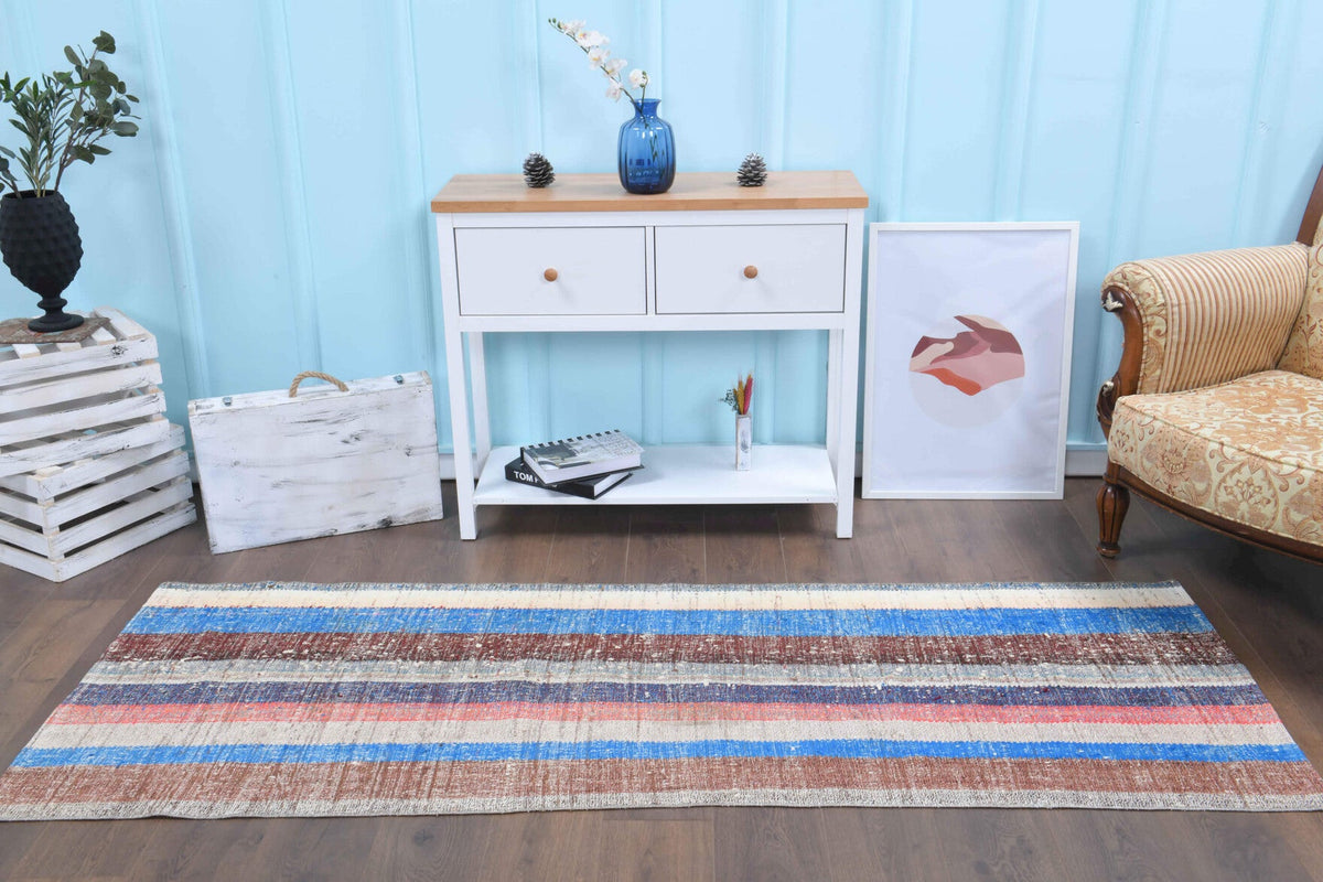 El yapımı vintage yolluk 89x239 cm çizgili desenli yün - kenar ve saçak detayı