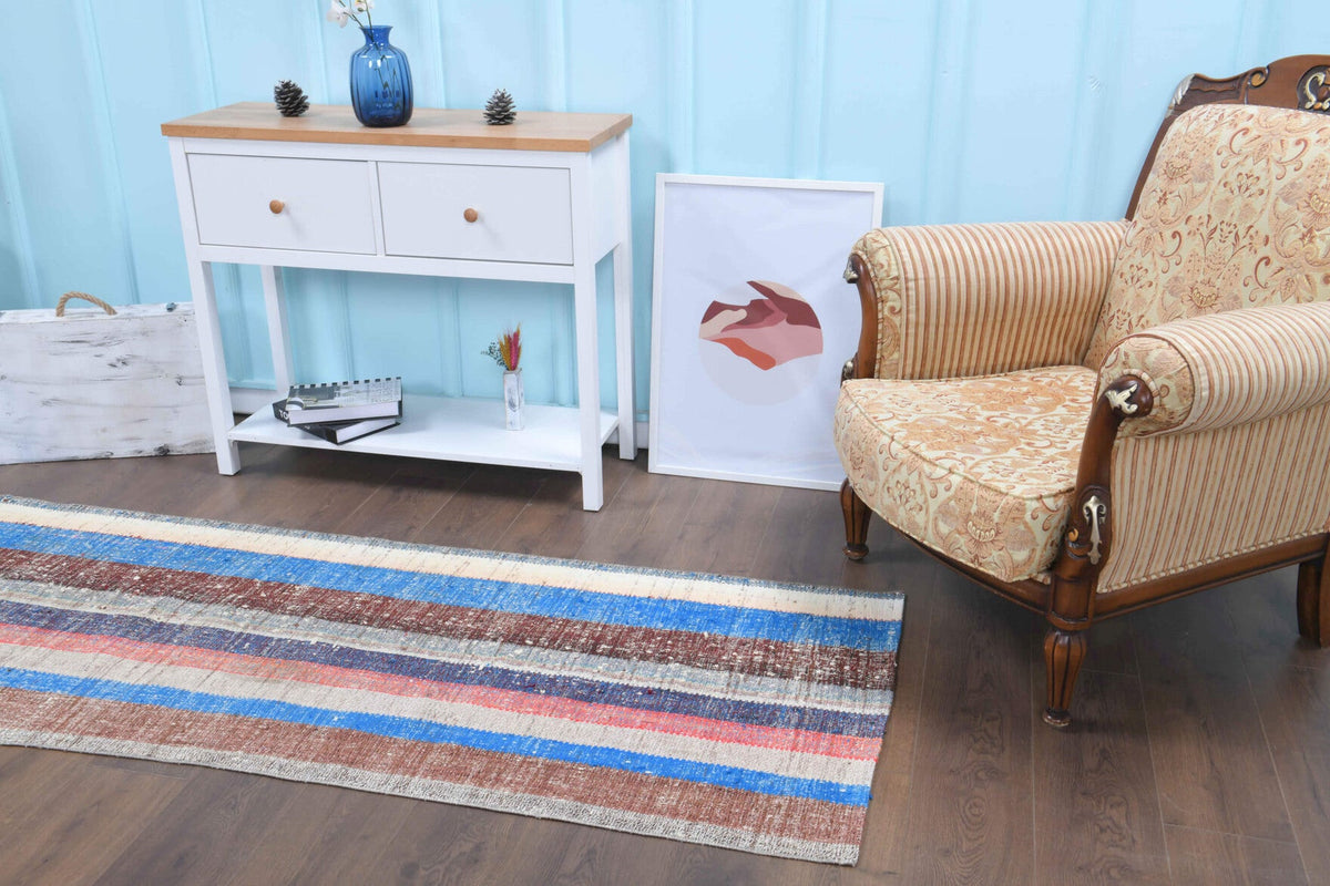 El yapımı vintage yolluk 89x239 cm çizgili desenli yün - desen detayı