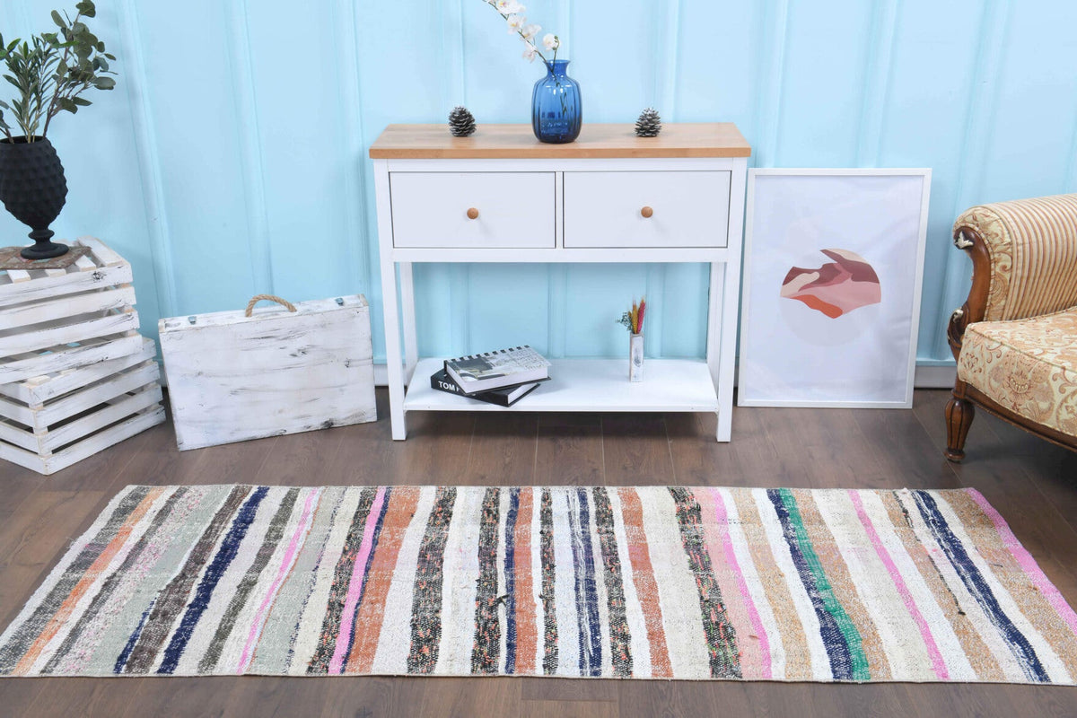 El yapımı vintage yolluk 79x229 cm kilim desenli yün - kenar ve saçak detayı