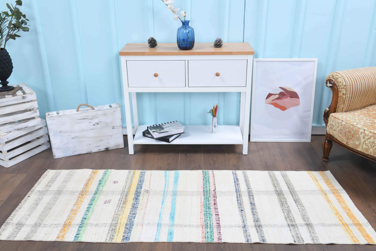 El yapımı vintage yolluk 79x218 cm kilim desenli yün - kenar ve saçak detayı