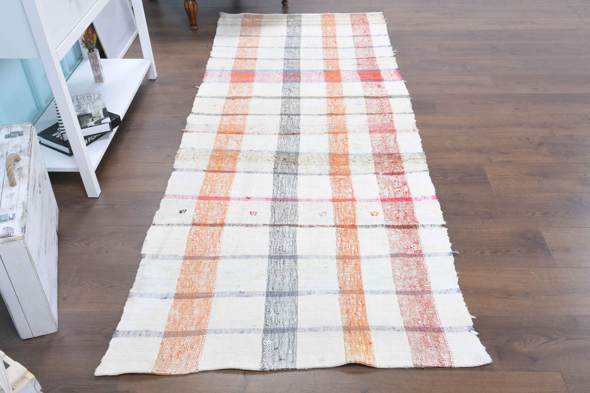 El yapımı vintage yolluk 107x254 cm kareli desenli yün - detay görünümü
