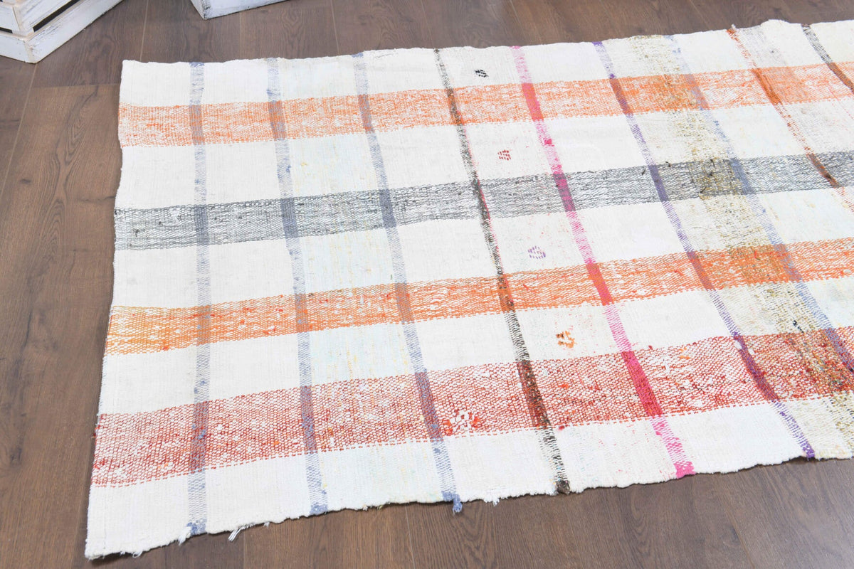 El yapımı vintage yolluk 107x254 cm kareli desenli yün - yakın çekim doku detayı