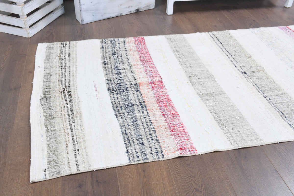 El yapımı vintage yolluk 94x264 cm çizgili desenli yün - yakın çekim doku detayı