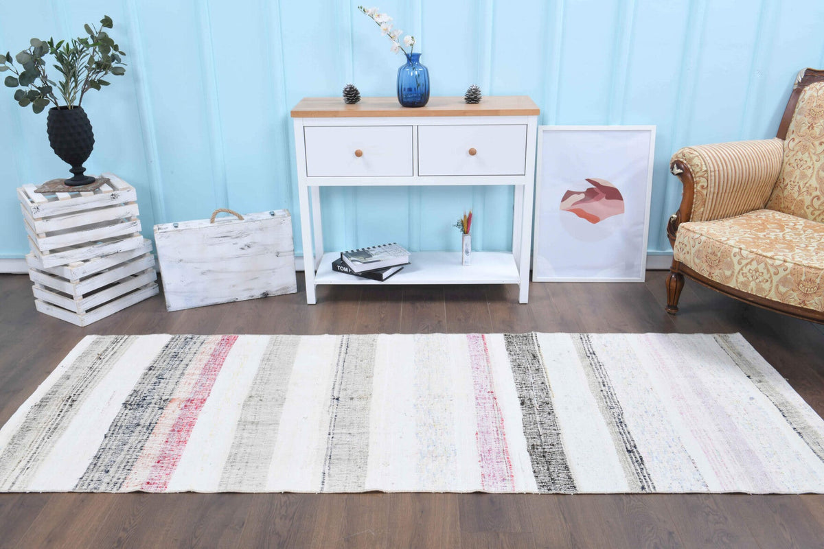 El yapımı vintage yolluk 94x264 cm çizgili desenli yün - kenar ve saçak detayı