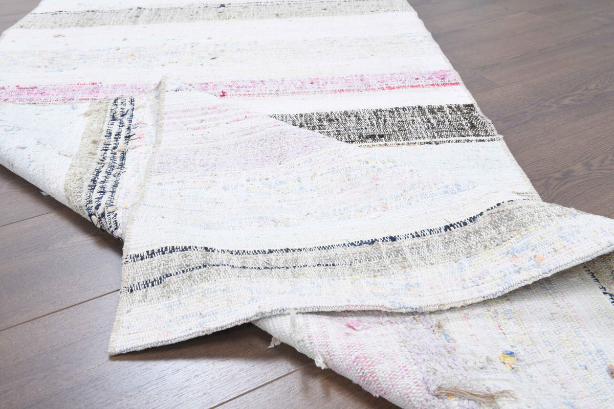 El yapımı vintage yolluk 94x264 cm çizgili desenli yün - üstten görünüm